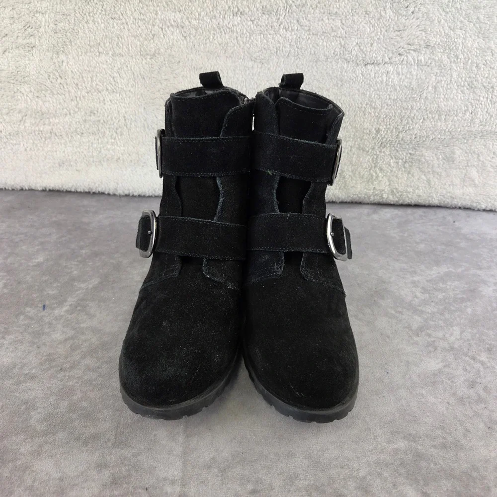 Anne Klein Iflex Black Suede Moto Ankle Boots Double Buckle Lug Sole Women 9M
